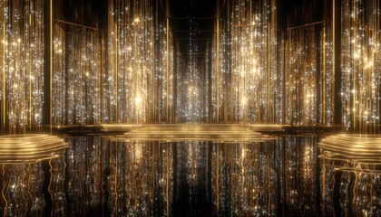 Glimmering gold curtains & dark floor reflections