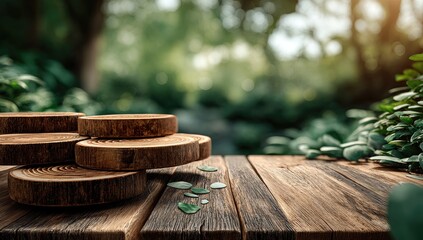 Wooden podiums on rustic wooden table in a lush forest