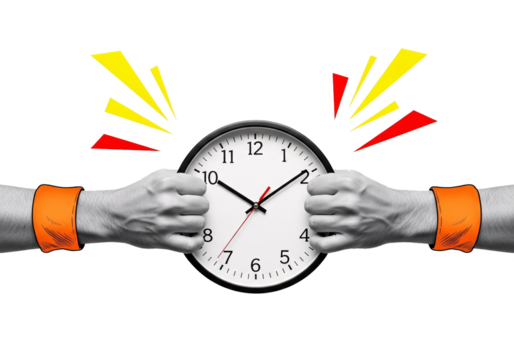 Man s hands in orange wristbands gripping a clock with radiating lines suggesting urgency isolated on transparent background