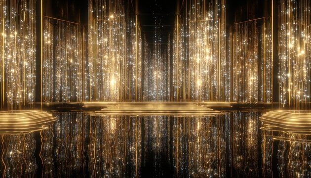 Glimmering gold curtains & dark floor reflections