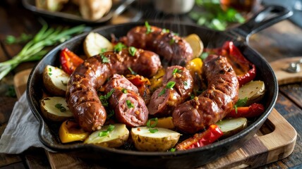 Grilled andouille sausage in cast iron skillet with roasted potatoes and colorful bell peppers, glazed and garnished with fresh herbs
