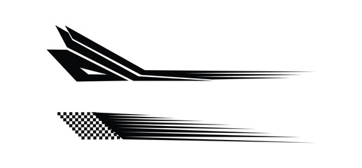 Dynamic black racing stripe designs with speed lines and checkered flag elements for modern vehicle graphics and automotive branding