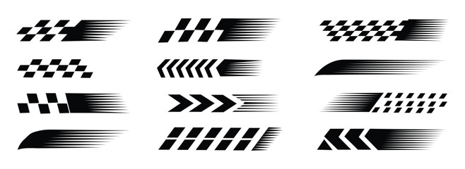Dynamic black speed lines and racing flag design elements for automotive, sports, and fast-paced branding projects with a modern aesthetic