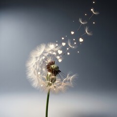 Dandelion flower with glowing heart-shaped seeds dispersing and floating away on a smooth grey gradient background, representing love and wishes.