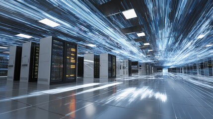 Server room with light trails simulating data flow across rows of machines on reflective floor