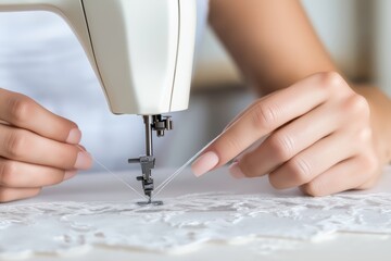 Female seamstress skillfully threading a sewing machine, focusing on delicate lace fabric, showcasing craftsmanship and attention to detail in a bright workspace with soft lighting
