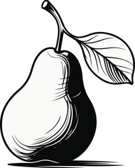 Black and white pear fruit line art vector, abstract doodle outline with leaf, clean fruit sketch 1
