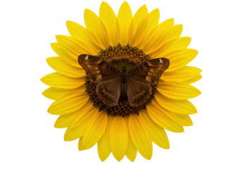 Isolated stunning sunflower with a brown butterfly, a captivating nature scene on floral disc