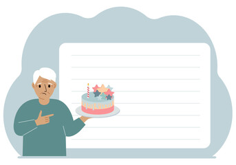 A man celebrates a birthday or some event. A man with a birthday cake with a candle.