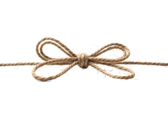 Close up of a rustic jute twine bow tied on a string isolated on a transparent background isolated on transparent background