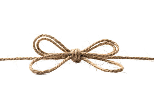 Close up of a rustic jute twine bow tied on a string isolated on a transparent background isolated on transparent background