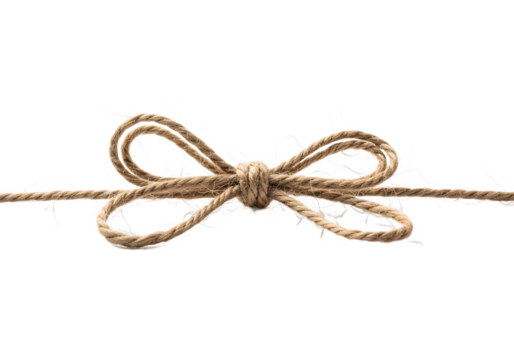 Close up of a rustic jute twine bow tied on a string isolated on a transparent background isolated on transparent background