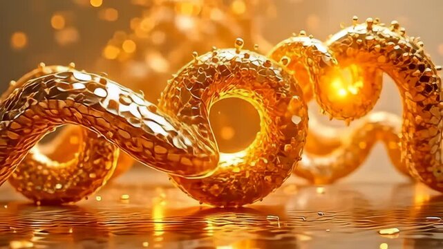 A mesmerizing spiral structure unfurls, presenting a molecule built from tiny mirror shards slowly twisting under a shimmering golden hue, as luminous tendrils of light extend outward,
