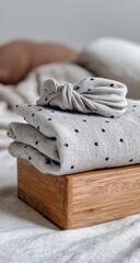 Folded neutral fabric with polka dots on a wooden block, atop a textured sheet with muted cushions behind