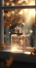 Perfume bottle on windowsill with falling leaves in warm light