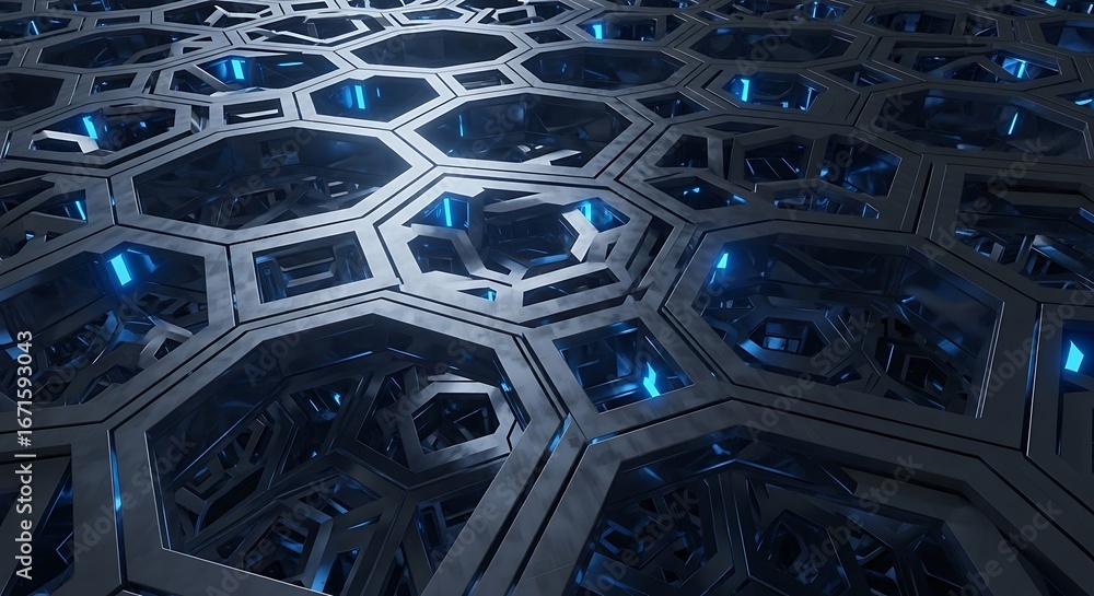 Poster futuristic dark metallic interconnected hexagonal grid structure with glowing blue lights abstract t