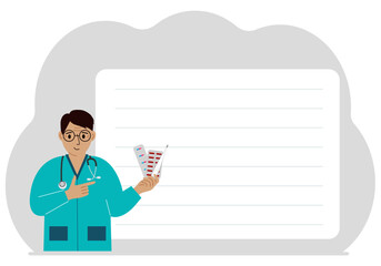 Male pharmacist with medicines and thermometer in hand. In the background there is a large white sheet for text. Vector flat illustration