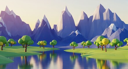 3D rendered low poly landscape with geometric mountains, reflective blue lake, and green trees under a vibrant sunrise or sunset sky.