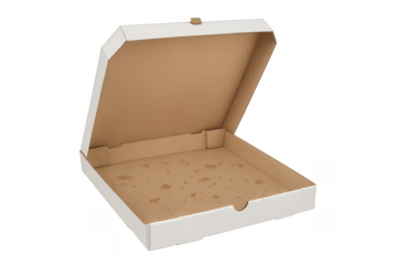 Empty pizza box with grease stains on transparent background