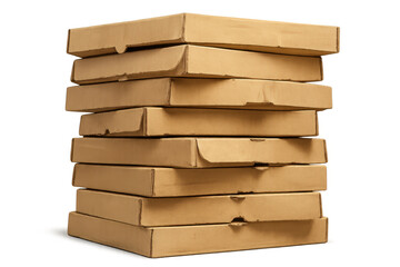 Stack of plain brown cardboard pizza boxes isolated on transparent background