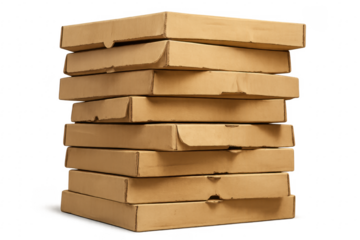 Stack of plain brown cardboard pizza boxes isolated on transparent background