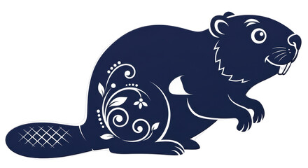 Isolated Beaver with Floral Ornament