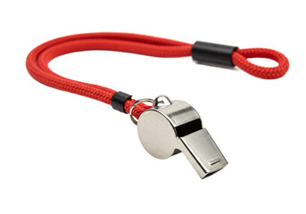 Shiny metal referee whistle with bright red lanyard isolated on transparent background for sports and coaching