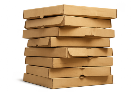 Stack of plain brown cardboard pizza boxes isolated on transparent background