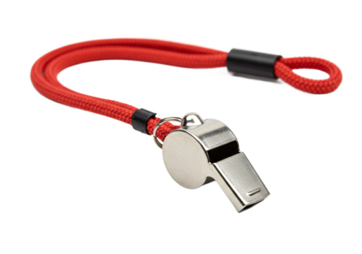Shiny metal referee whistle with bright red lanyard isolated on transparent background for sports and coaching