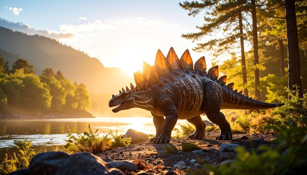 Stegosaurus at sunset near a lake and forest