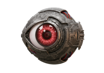 Isolated cybernetic red eye artificial technology, robotic sphere with wiring and circuit details