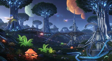 Vibrant alien fantasy world at night featuring giant glowing blue trees, sleek futuristic architecture, luminous mushrooms, bioluminescent flying creatures, and multiple planets in a starry sky.