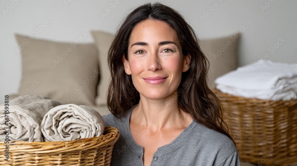 Poster woman is smiling and posing in front of a basket of towels. the towels are white and are piled up in