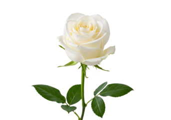 A single delicate cream rose with green leaves and stem isolated on transparent background