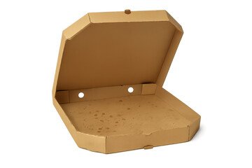 Empty Cardboard Pizza Box with Grease Stains on Transparent Background