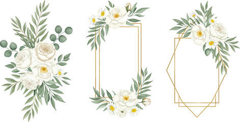 White flowers and green leaves in gold frames on white background on transparent background