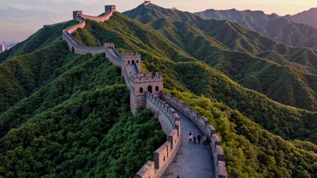 Aerial view of the Great Wall winding over lush green hills at sunset, capturing its grandeur. Ideal for a travel video showcasing historical landmarks.