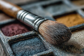 Close-up of paintbrush resting on a palette of various pigments