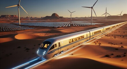 Futuristic maglev train speeding through a vast desert under a sunset sky, surrounded by wind turbines and solar panel arrays, illustrating sustainable transport and clean energy.