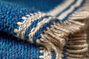 Close-up of blue fabric with beige fringe