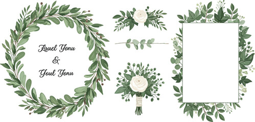 A collection of green leaves and flowers for wedding thank you cards and invitations on transparent background