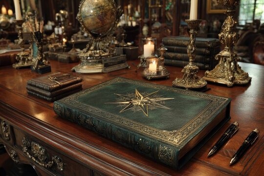 Ornate desk displays antique books, globe, candles, and pens - Powered by Adobe