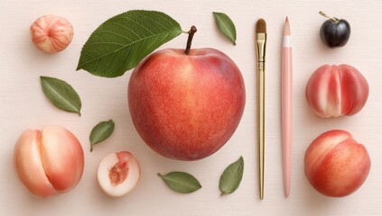 Plums & brushes artfully arranged on pale beige background, juxtaposing nature and tools