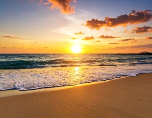 Vibrant sunset over tranquil ocean waves lapping a sandy beach (1)