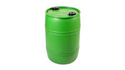 Green plastic barrel used for storage in various industrial and agricultural applications on a transparent background