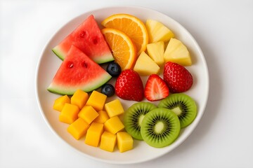 Enjoy vibrant fruit platter with watermelon, mango, kiwi, orange, and strawberry