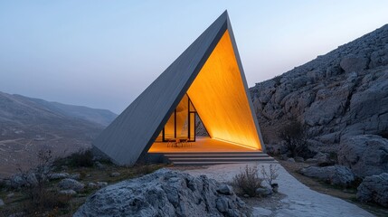 Modern, triangular, mountaintop shelter bathed in warm light