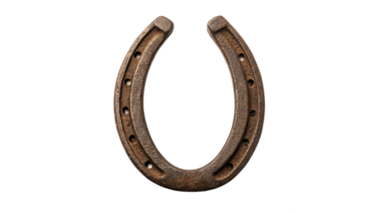 Rustic horseshoe displayed on wooden surface showcasing its vintage charm and historical significance in equestrian culture  on a transparent background