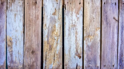 Fototapeta premium Weathered vertical wooden planks with peeling light blue and brown paint showcasing rustic distressed texture