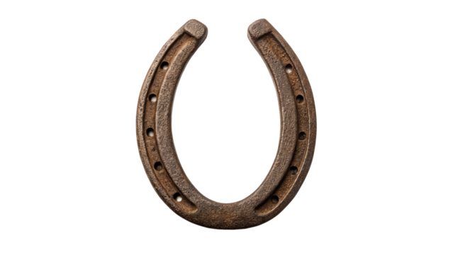 Rustic horseshoe displayed on wooden surface showcasing its vintage charm and historical significance in equestrian culture  on a transparent background - Powered by Adobe